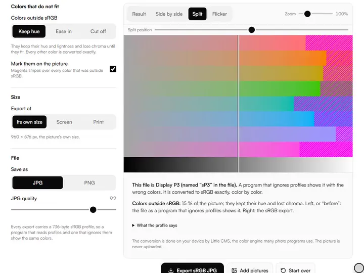 A Display P3 file, and what sRGB cannot hold in the Artwork Photo Color-Accurate Export