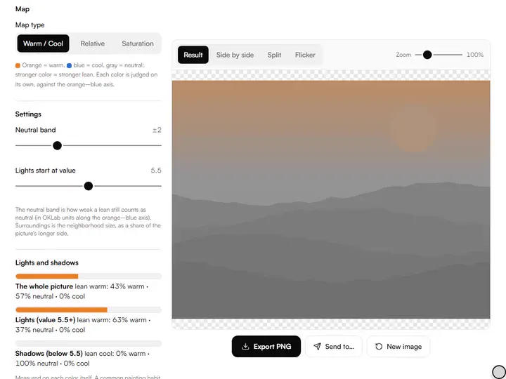 Warm and cool map in the Color Temperature & Saturation Map